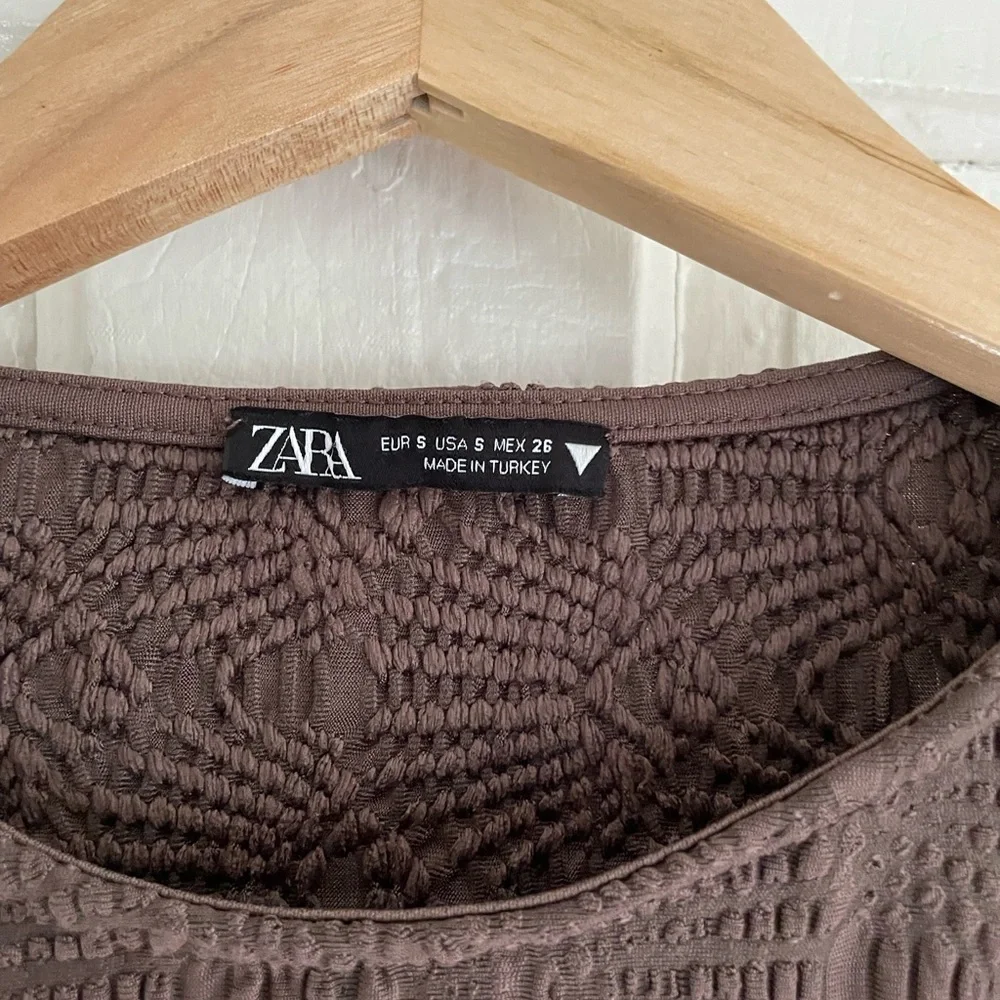 Zara Textured Pointelle‎ Brown Long Sleeve Cropped Top